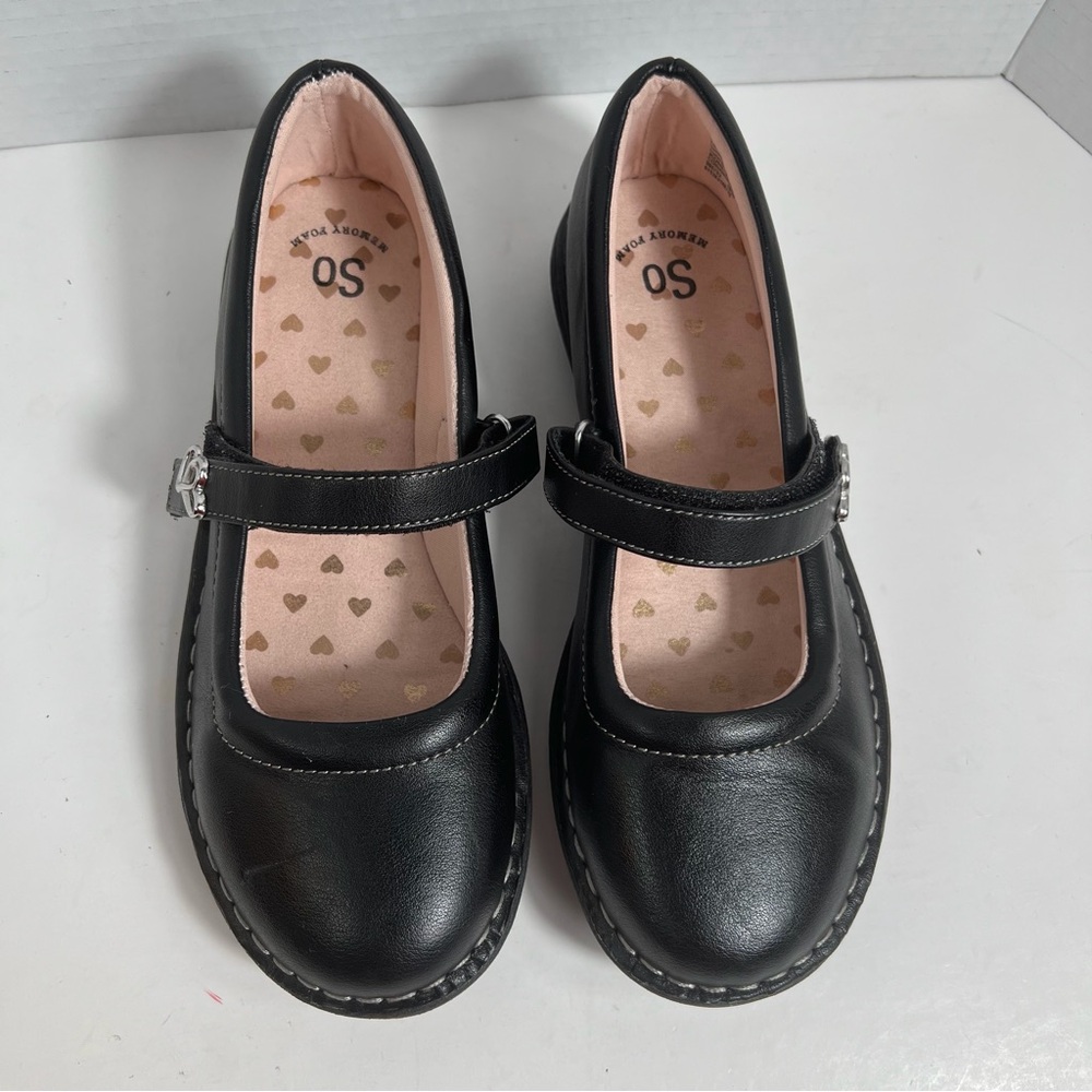 SO Coriander2 Girls Black Mary Jane Shoes Size 4 Memory Foam Hook N Loop Hearts